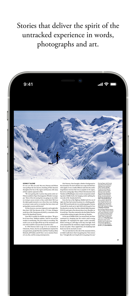 Ein digitaler Artikel aus dem Backcountry Magazine mit einer Panoramaaufnahme eines Skifahrers in einer schneebedeckten Berglandschaft