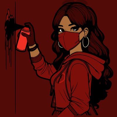 realistic girl with mask spray painting a wall