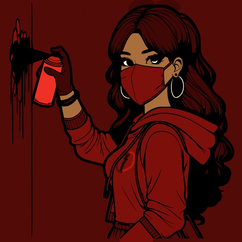 realistic girl with mask spray painting a wall