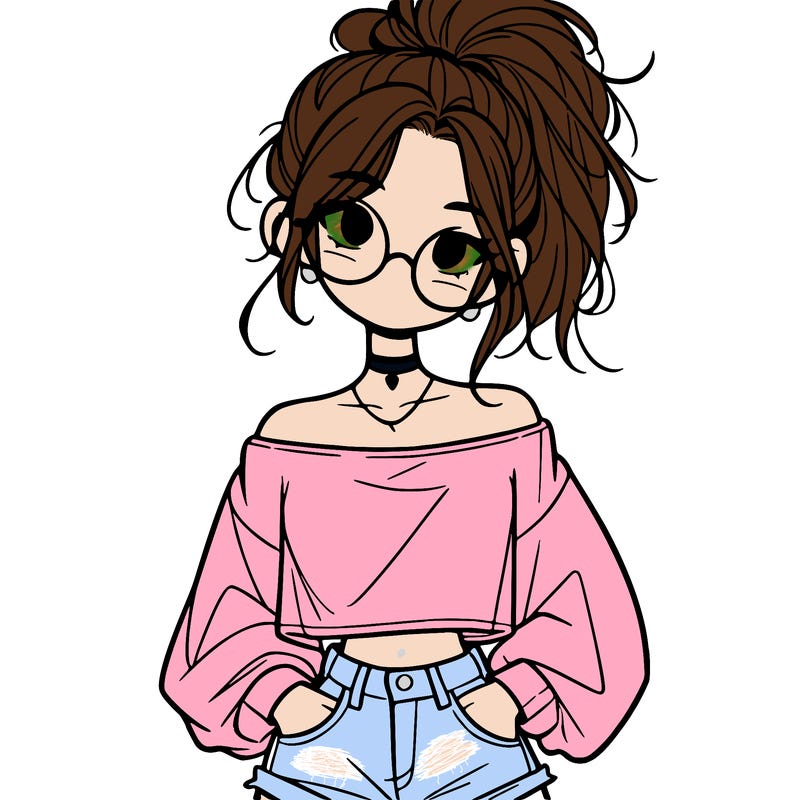 girl with a messy ponytail glasses a baggy crop top and jean shorts