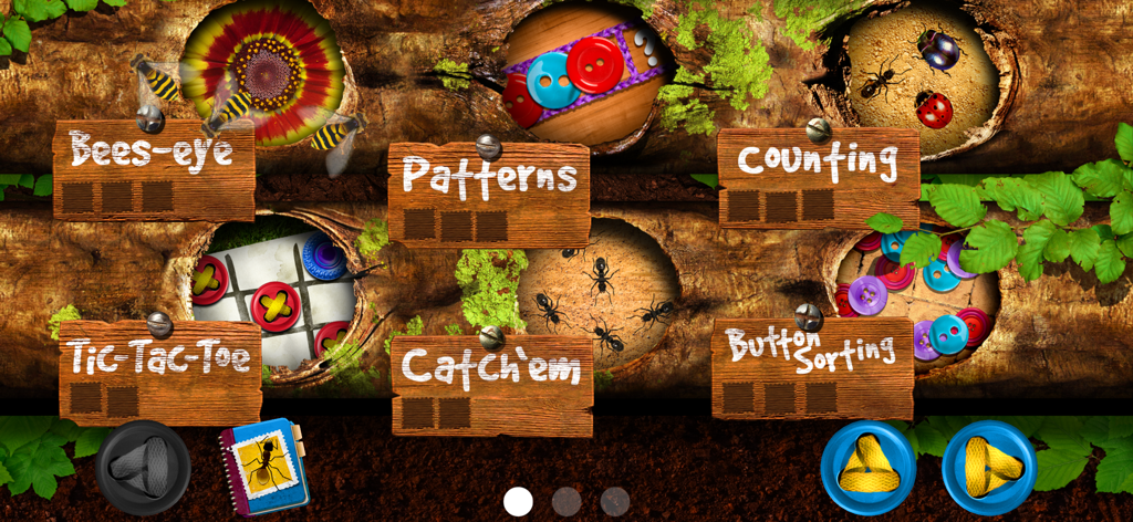 Bugs and Buttons app main menu showing various educational games on a natural wooden log background