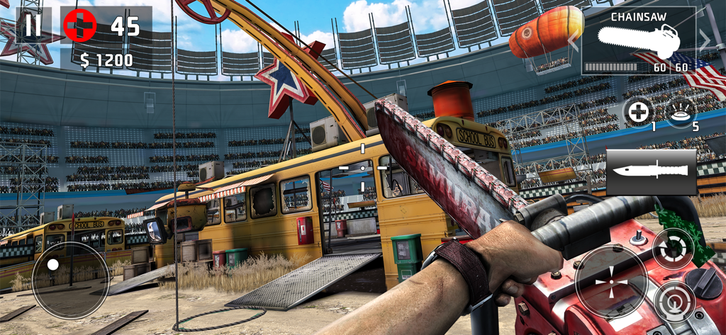 DEAD TRIGGER 2: Zombie Games - Vista en primera persona de un jugador sosteniendo una motosierra ensangrentada en un estadio lleno de zombis en Dead Trigger 2