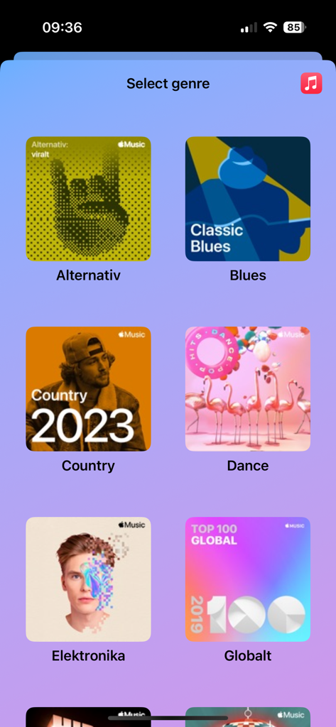 Pantalla de la aplicación Song Bingo para seleccionar géneros musicales, incluyendo country, blues y dance.