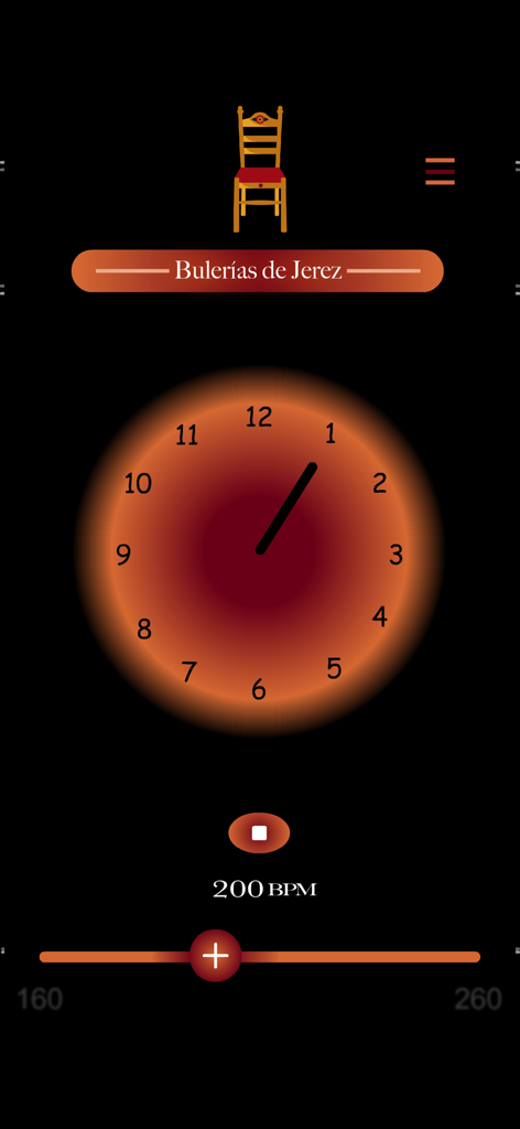 Flamenco Compás - Screenshot of the Flamenco Compas app interface showing a 12-beat rhythm clock for Bulerias de Jerez at 200 BPM