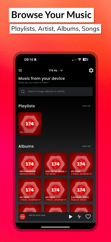 174 Player Plus - Interface of 174 Player Plus showing music categories like playlists and albums retuned to 174Hz