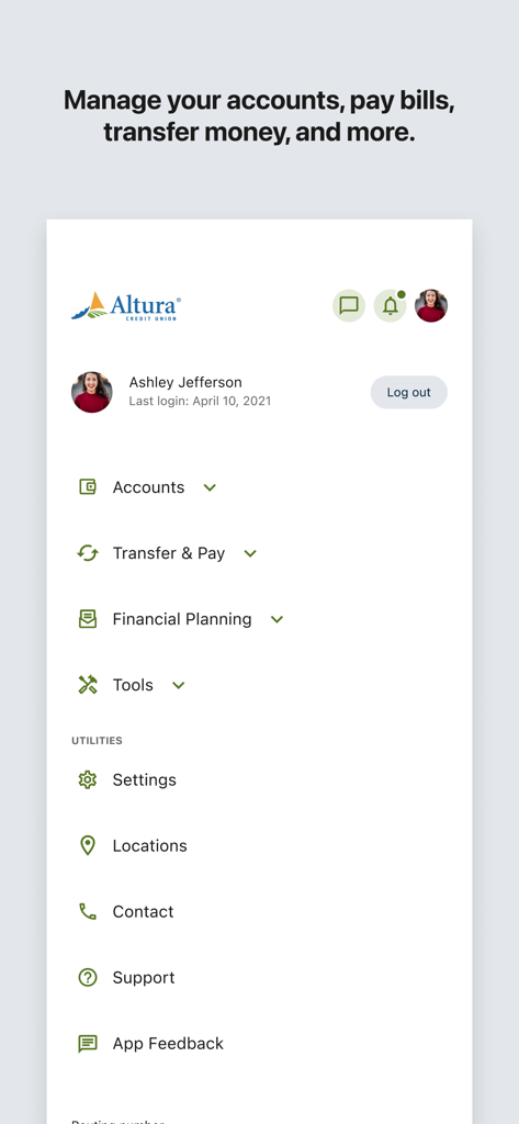 Altura Credit Union Mobile App - Main menu screen of the Altura Credit Union mobile app featuring account management and financial planning options.