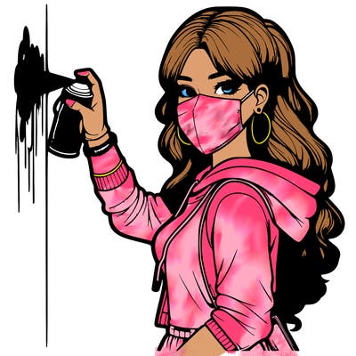 realistic girl with mask spray painting a wall