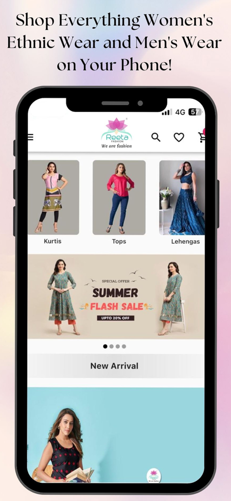 Reeta Fashion- Online Shopping - Reeta Fashion mobile app home screen showing Indian ethnic wear categories and a summer flash sale banner.
