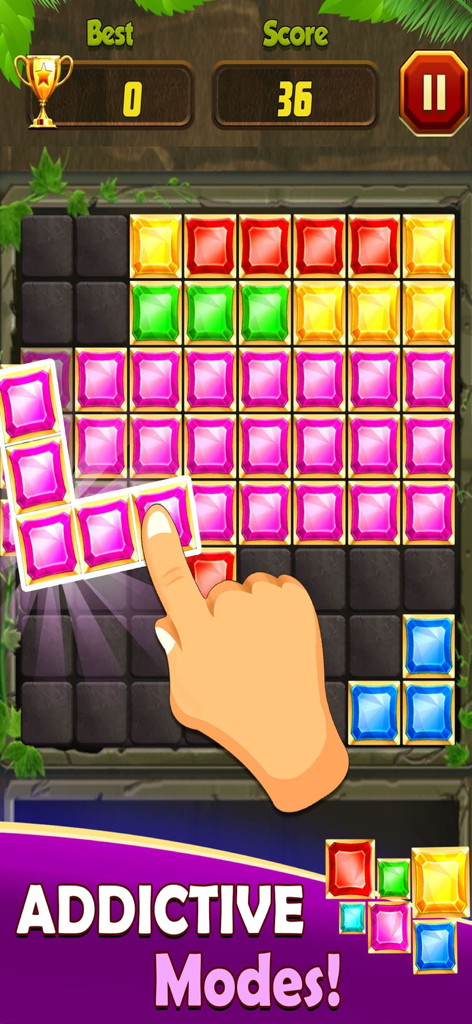 Mano arrastrando un bloque de joya a una cuadrícula en Block Puzzle Jewel Blast
