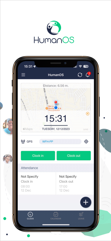 HumanOS - HumanOS mobile app interface showing attendance tracking with clock in and clock out features