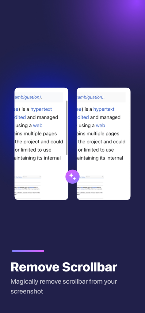 Stitch Photos - A visual comparison showing the Stitch Photos app feature that automatically removes scrollbars from long screenshots for a cleaner look