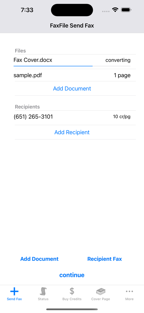 FAX for iPhone - send fax app - ファイル添付と宛先詳細を表示する、FAX送信用のモバイルインターフェース
