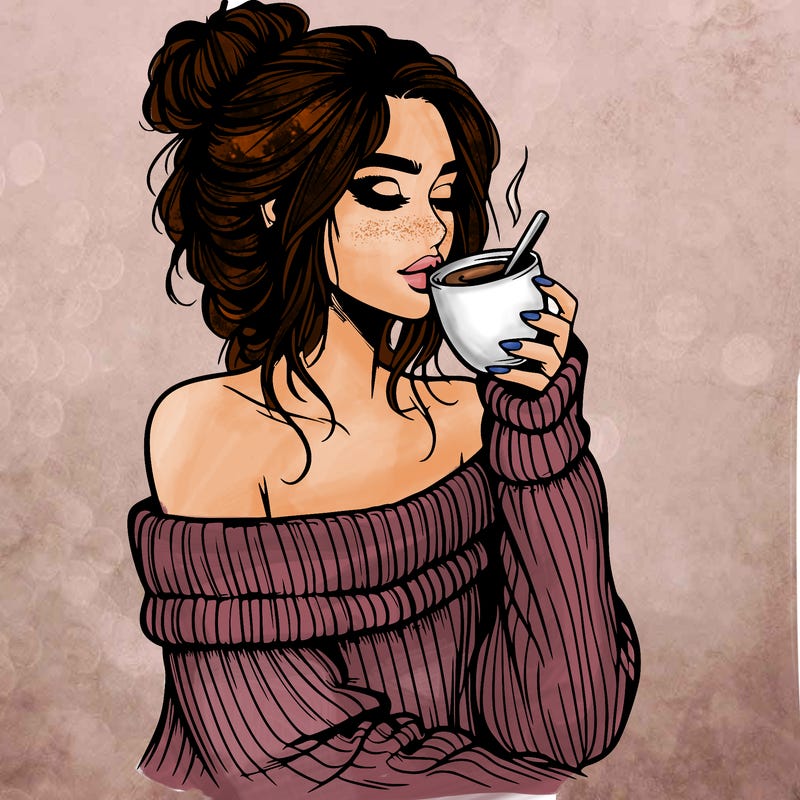 realistic girl drinking coffee with off the shoulder sweater