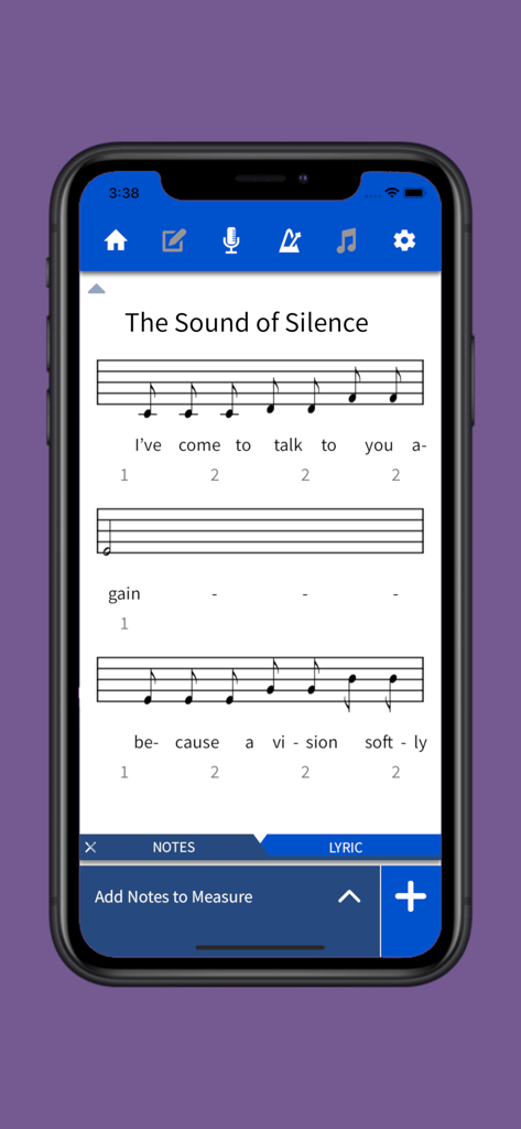 Lyric Notepad app interface showing song lyrics and syllable counts in measure mode