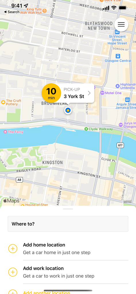 Glasgow Taxis. - Glasgow Taxis app interface showing a map of Glasgow with a pickup location at York Street and a destination search field