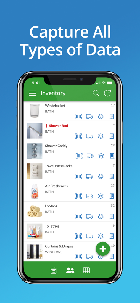 AppSheet - Screenshot di un'app mobile di AppSheet che mostra un elenco di inventario per prodotti da bagno con icone di acquisizione dati