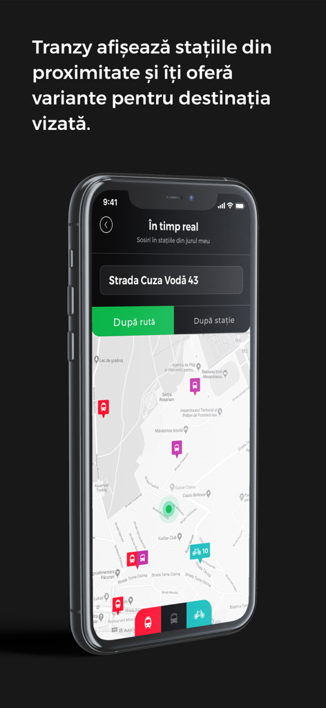 Tranzy - Écran de smartphone montrant la carte de l'application Tranzy avec les stations de bus, tramway et de vélos en libre-service à proximité