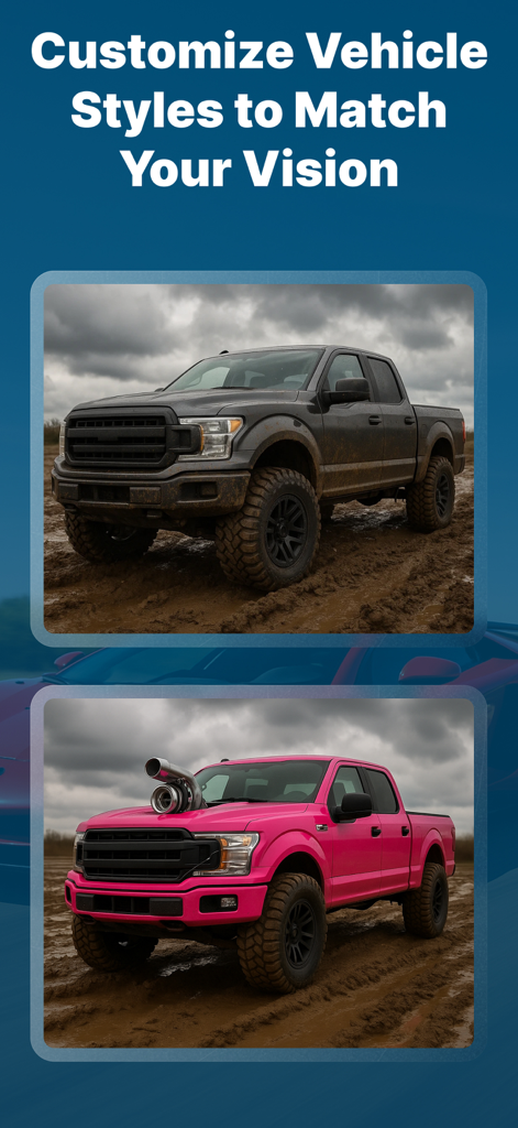 AI Car Tuning Designer Tool - AI car tuning app showing a stock truck and its custom pink version with a large turbo