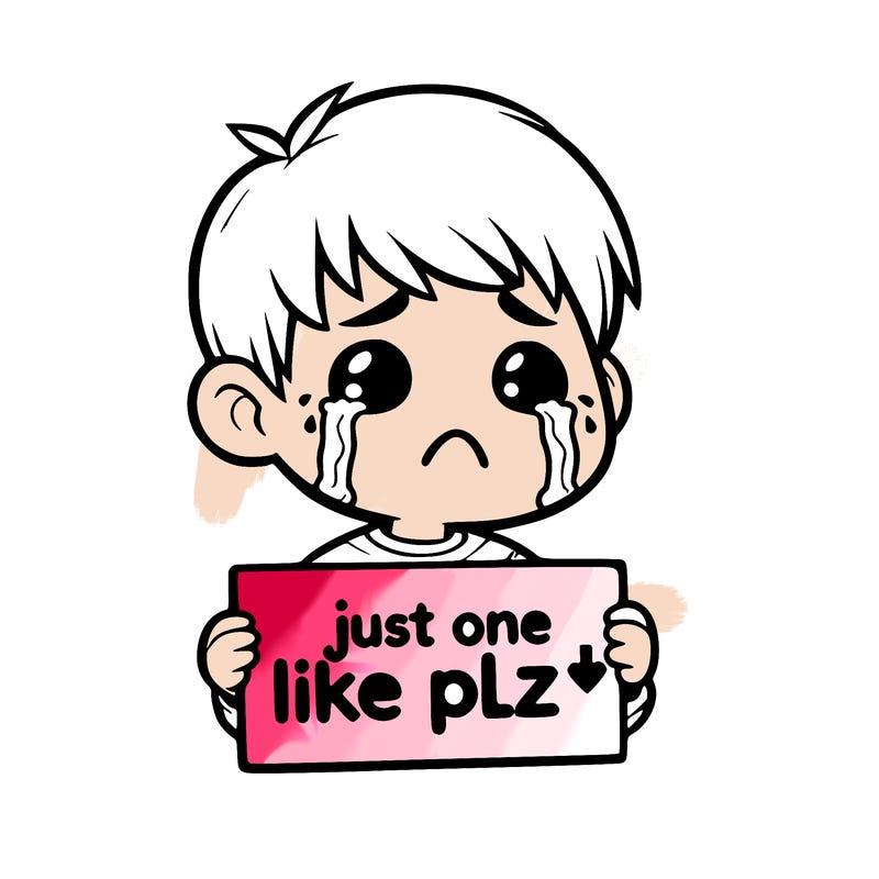 realistic crying boy with a sign saying just one like plz