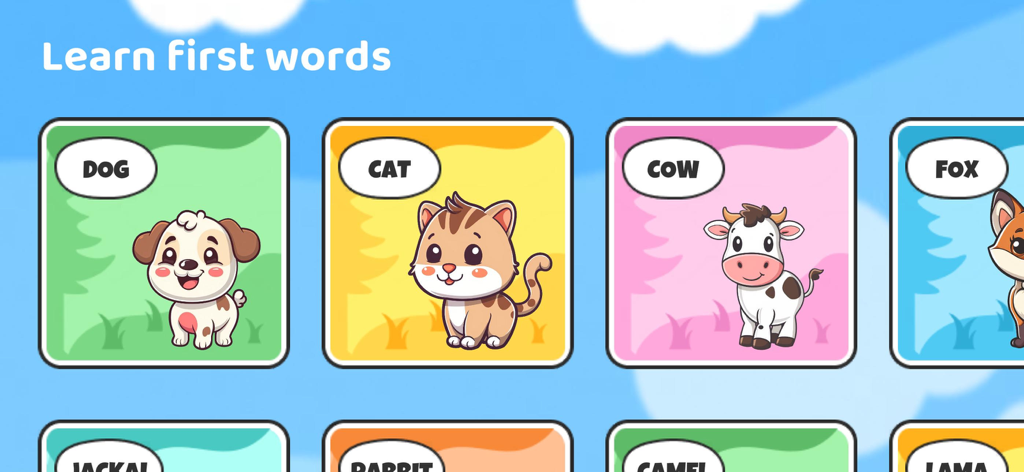Cartões de animais de desenhos animados para crianças aprenderem suas primeiras palavras, incluindo cachorro, gato, vaca e raposa