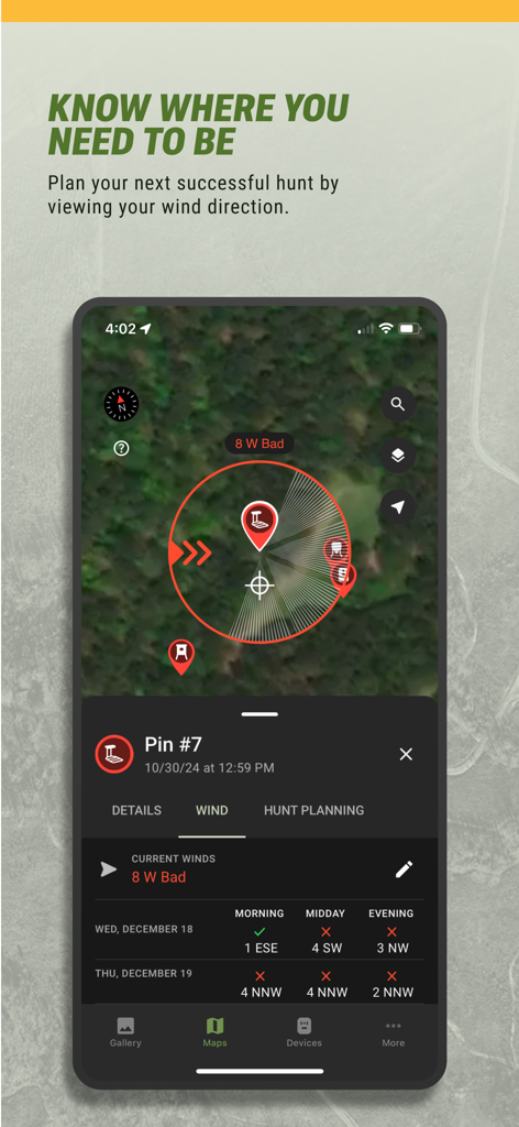 Moultrie - Moultrie app interface showing wind direction and hunting forecasts on a satellite map.