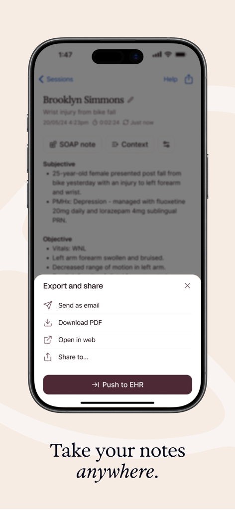 Heidi AI Medical Scribe - Smartphone screen showing Heidi AI Medical Scribe app with export options and a button to push clinical notes to EHR