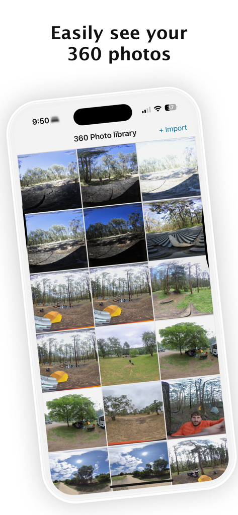 Simple 360 Photo Viewer app library screen showing a grid of 360 degree photos.