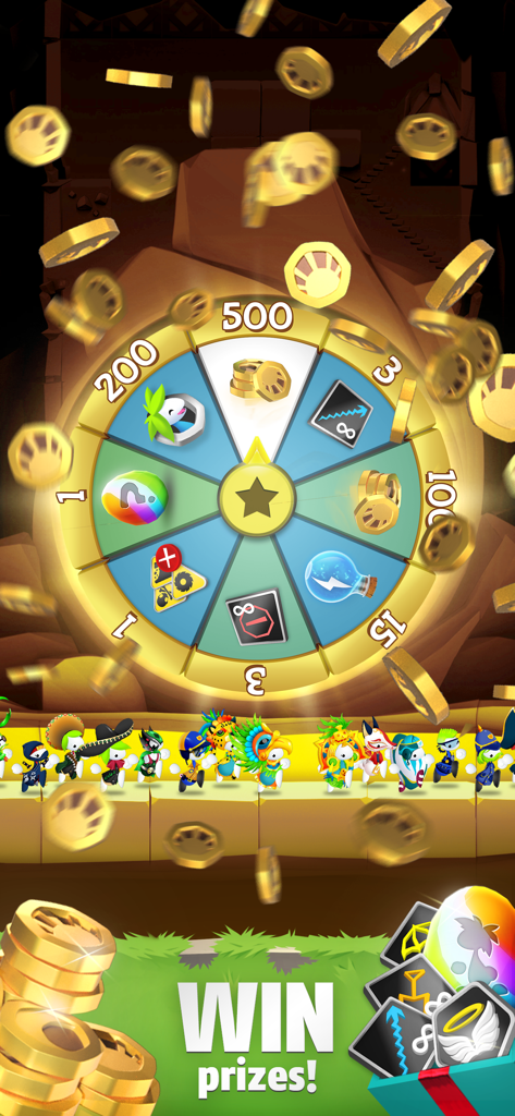 Lemmings: Strategy & Puzzle - A prize wheel in the Lemmings game showing various rewards and unique characters with falling gold coins.