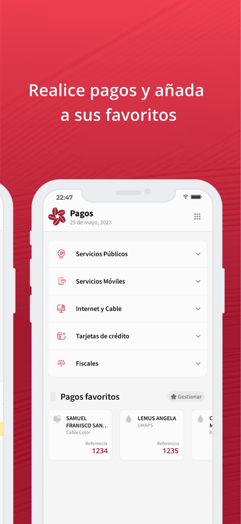 BANHCAFE Online - Interfaz móvil de BANHCAFE Online que muestra categorías de pago como servicios públicos e internet junto con contactos favoritos.