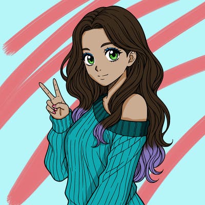 a girl with long hair. make only from her waist up showing and she is wearing g a sweater the is half off her shoulder. she needs to hold one peace sign. make her have no mouth, only have eyes. make her whole body facing the camera. and no black hair.