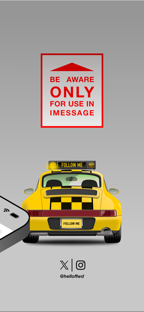 Airport Stickers: Liftoff - Yellow airport follow me car illustration with a notice that the stickers are only for iMessage.