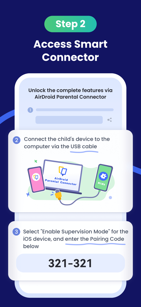 Setup screen for AirDroid Kids showing steps to enable supervision mode using a pairing code and USB connection to a computer