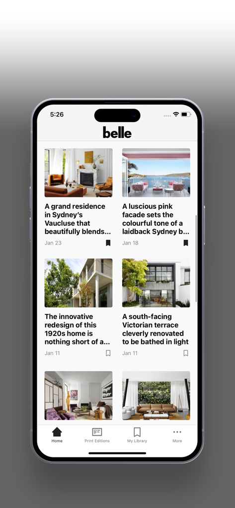Belle Magazine Australia - Home screen of the Belle Magazine Australia app displaying a curated feed of luxury interior design and architecture articles with high quality photography