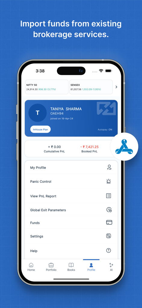 uTrade Algos - Uma interface móvel do uTrade Algos exibindo o perfil do usuário e opções de gerenciamento de conta