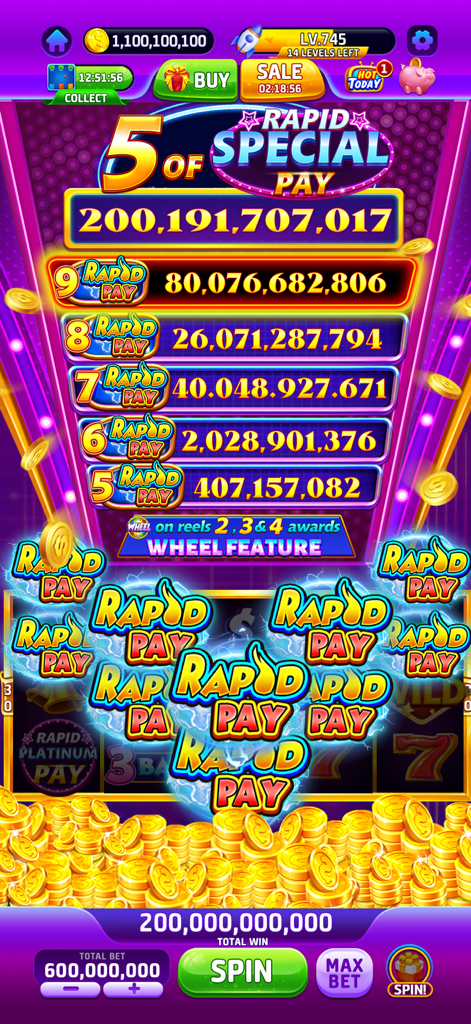 Buffalo Slots™-Casino Jackpots - Pantalla del juego de casino Buffalo Slots mostrando una enorme ganancia de bote con símbolos Rapid Pay y monedas de oro