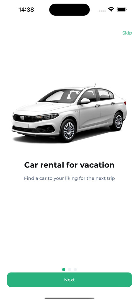 Localrent app onboarding screen displaying a white car and the text Car rental for vacation