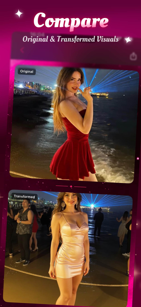 A side-by-side comparison of an original photo and an AI-transformed version showing a change in outfit and background setting