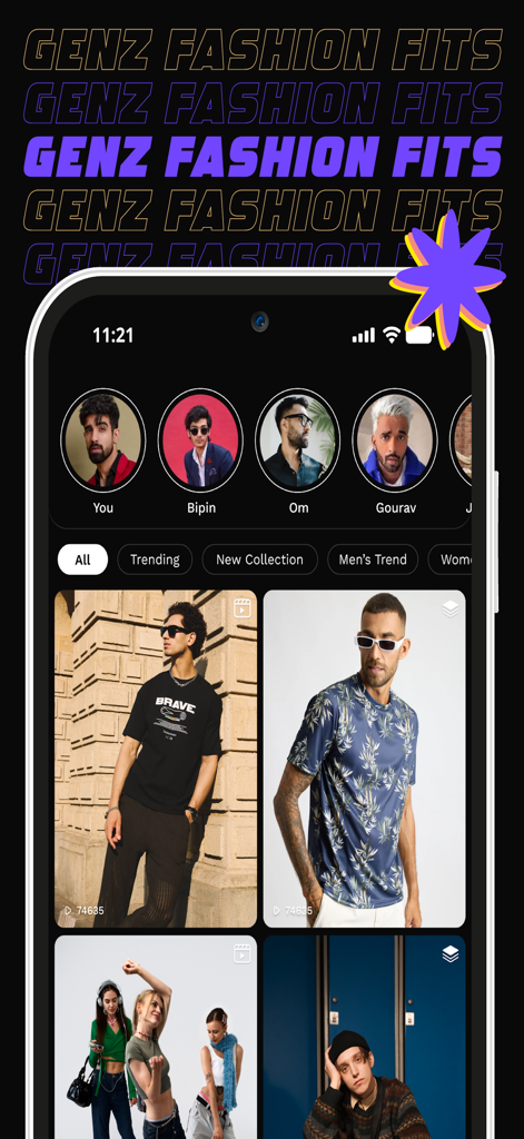 Interfaz de la aplicación móvil Slikk mostrando atuendos de moda de moda Gen Z y colecciones de estilo seleccionadas