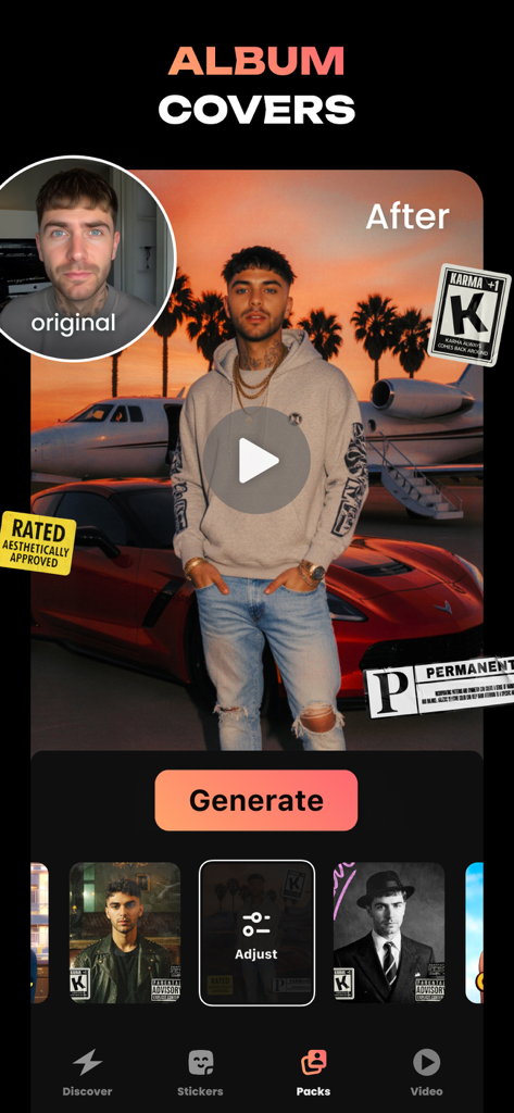 Interface de l'application Hula AI montrant un selfie transformé en couverture d'album de musique de luxe avec un jet privé et une voiture de sport
