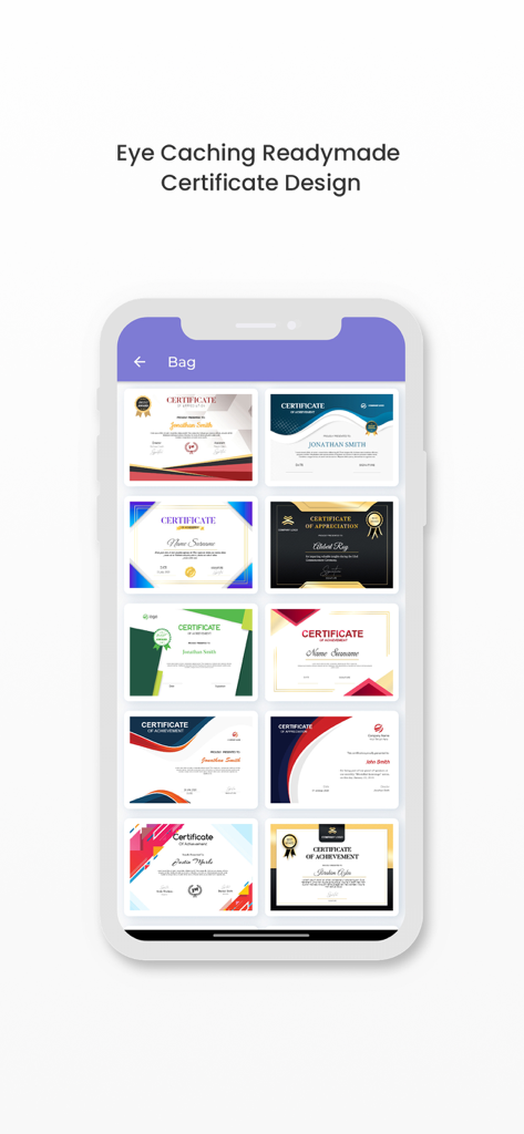 Certificate Maker:Creator - Una pantalla móvil mostrando una variedad de plantillas de certificados profesionales listas para usar disponibles en la aplicación.
