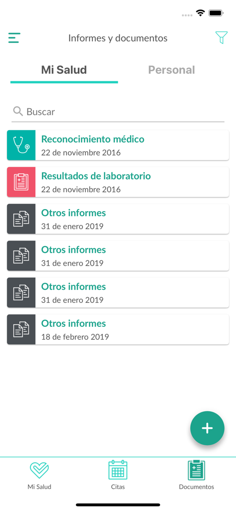 Bildschirm mit einer Liste von medizinischen Berichten und Dokumenten in der MiSalud OHS App