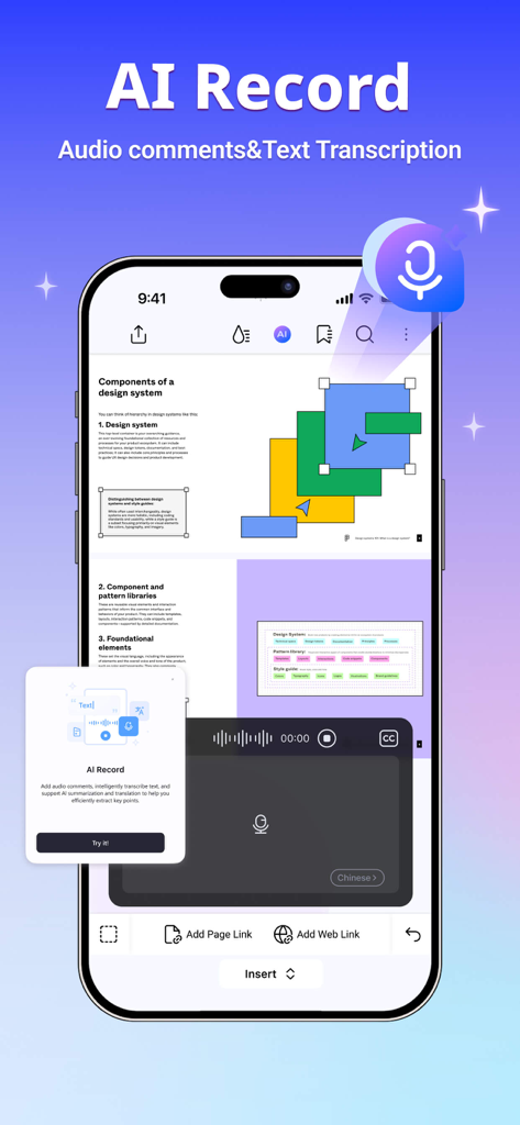 Um smartphone exibindo o recurso de gravação de IA do PDFelement para adicionar comentários de áudio e transcrição de texto a um documento PDF.