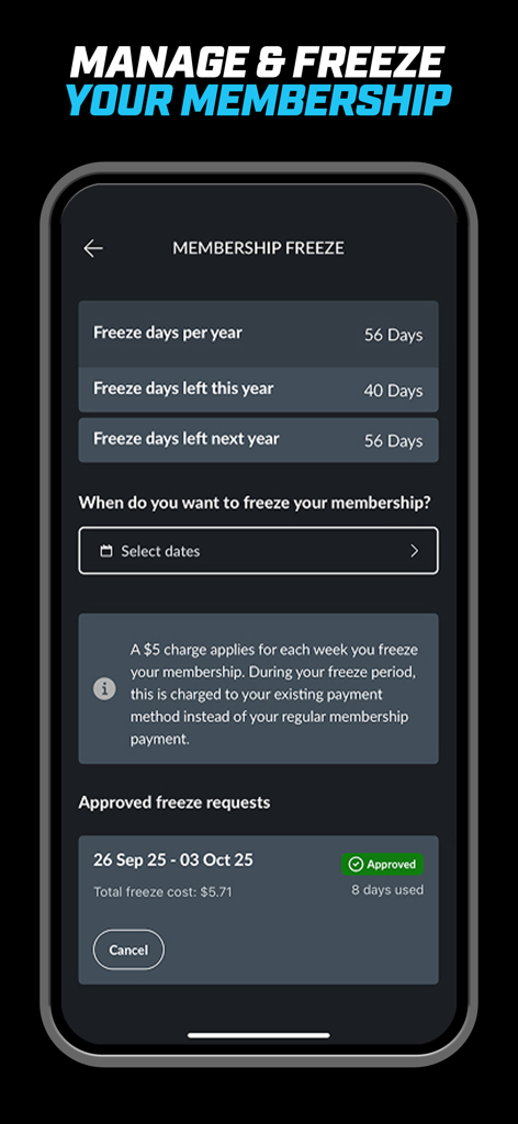 Captura de pantalla de la interfaz de congelación de membresía de la aplicación Goodlife Health Clubs mostrando los días de congelación restantes y las solicitudes aprobadas