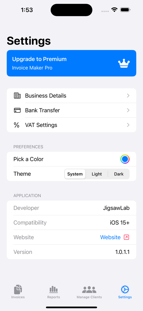 ビジネスの詳細とテーマのカスタマイズオプションを示す、Simple Invoice Makerアプリの設定画面。