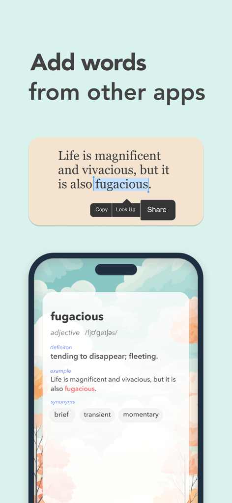 Vocabulary Builder by Atlas - Atlas Vocabulary Builderアプリケーションに他のアプリから単語を追加する機能が表示されているスマートフォンの画面。