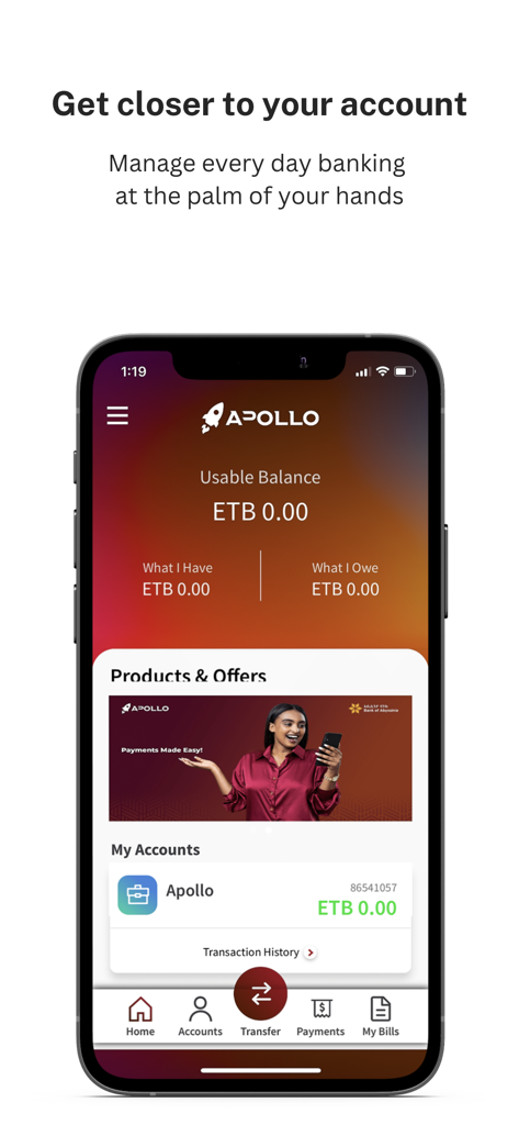 Apollo Digital banking app dashboard showing account balance in Ethiopian Birr and navigation icons