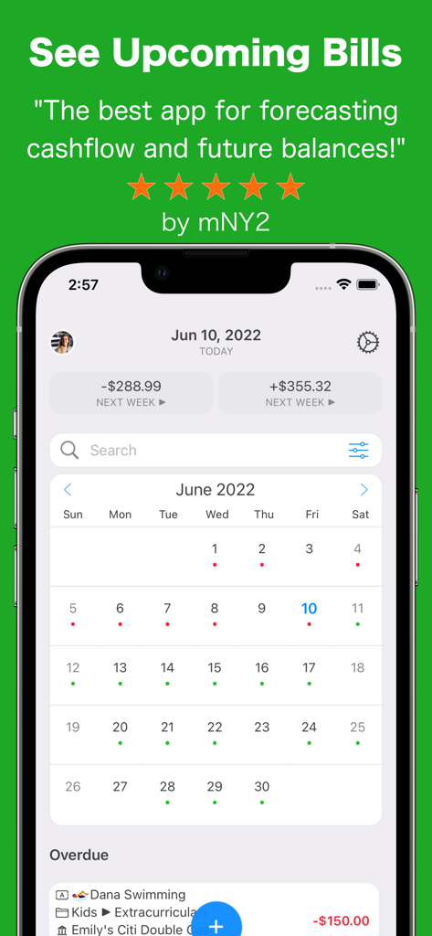 MoneyWiz 2026 Personal Finance - Captura de pantalla de la aplicación MoneyWiz 2026 que muestra el calendario de facturas próximas y la previsión de flujo de caja