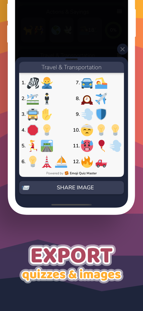 Emoji Quiz Master - Una pantalla de quiz de emojis de viajes y transporte con una opción para compartir y exportar imágenes