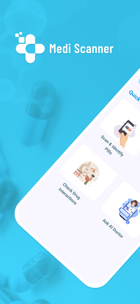 Medi Scanner - Pill Identifier - Medi Scanner app interface showing pill scanning and drug interaction check features
