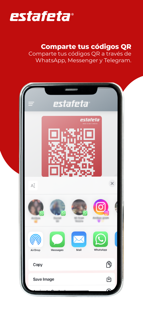Tela de smartphone mostrando a interface do aplicativo Estafeta móvil para compartilhar um código QR de envio via WhatsApp e Messenger.